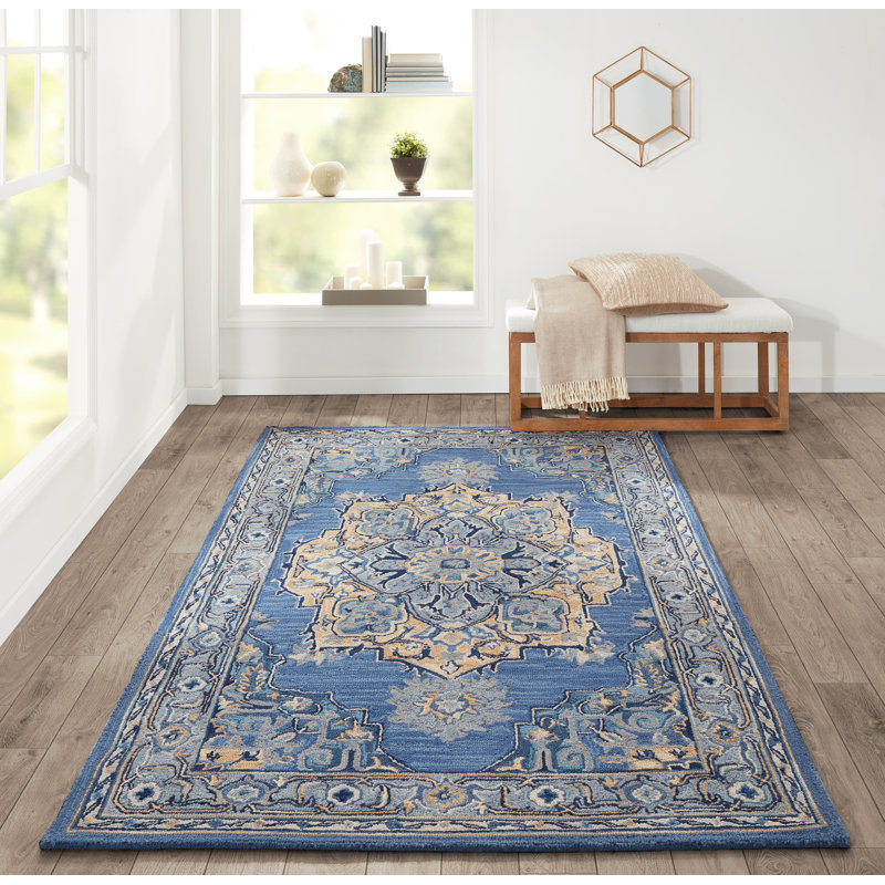 World Menagerie Lancaster Oriental Handmade Tufted Wool Denim Area Rug